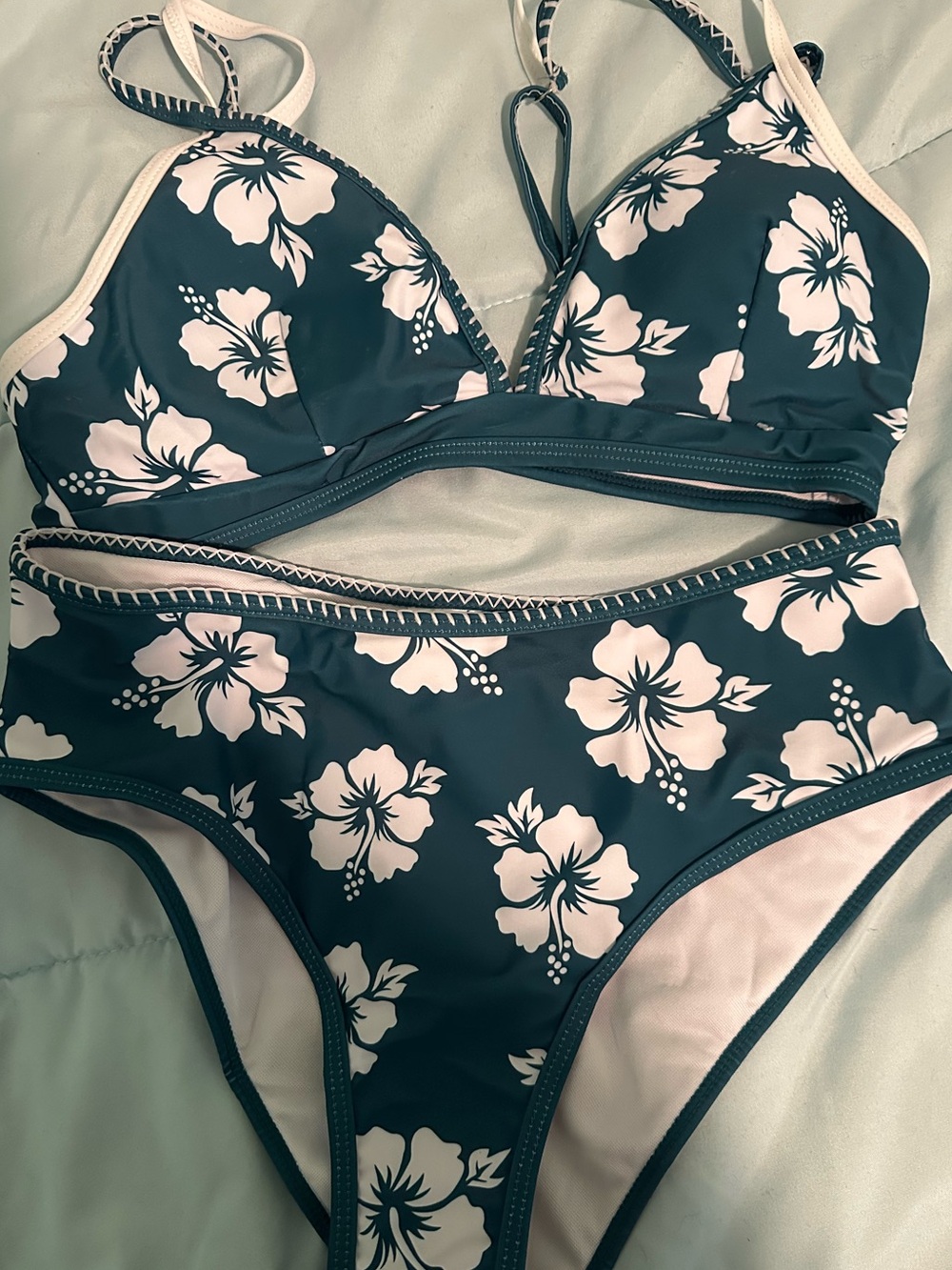 Floral Print Teal High-Waist Bikini Set NWOT